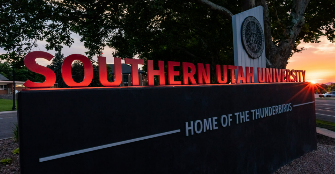 Southern Utah University welcome sign with 'Home of the Thunderbirds' written below the school's name.